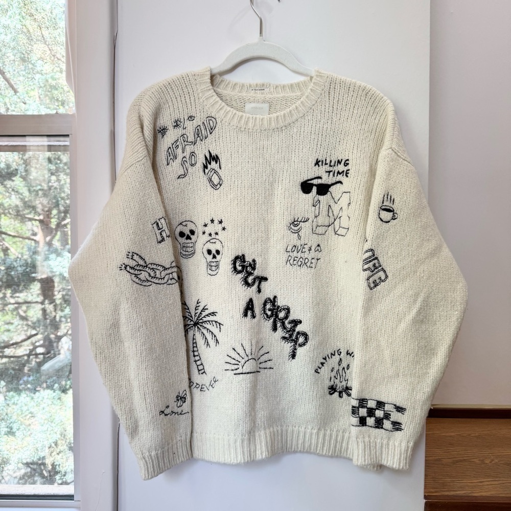 MOTHER The Jumper Wool Alpaca Embroidered Sweater Cream Large